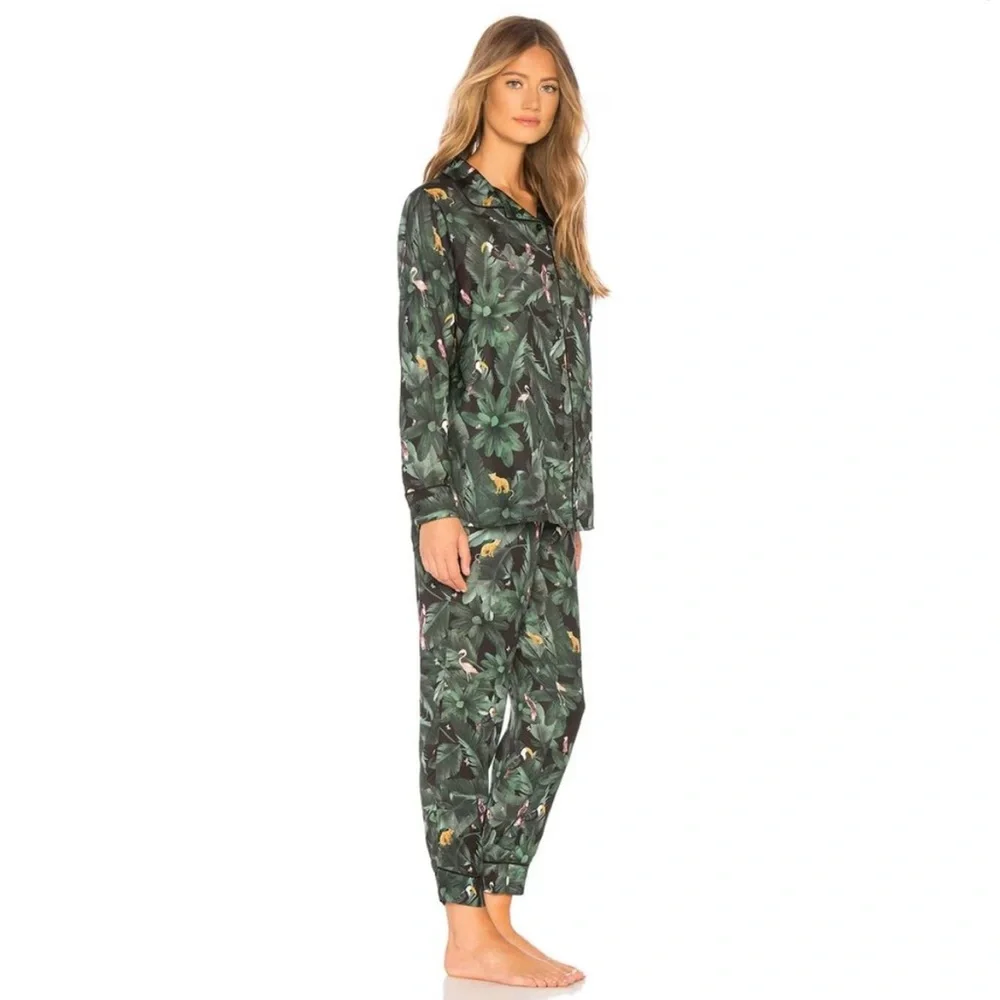 Plush by Revolve Silky Jungle Print PJ Set in Emerald Print Size Small
